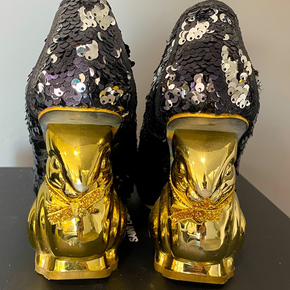 Black sequin shoes with rabbit heels